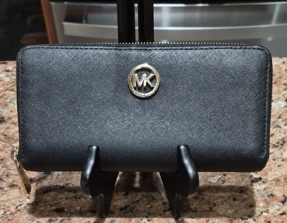 Michael Kors Black Saffiano Zip Wallet with Gold MK Accent